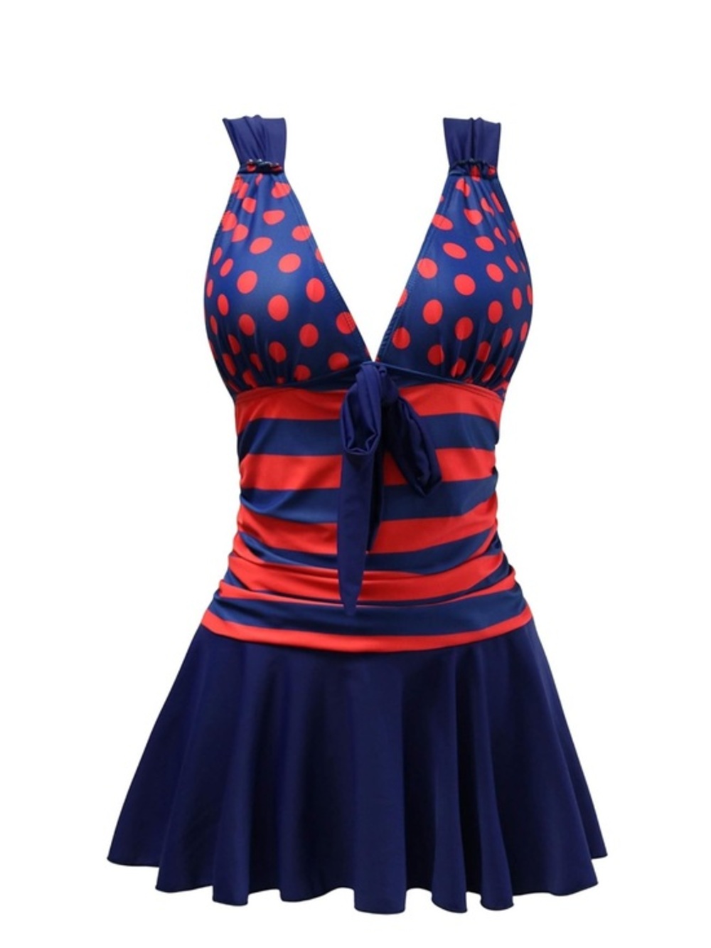 AONTUS Blue /red polkadot Swimsuit with Tummy Control Boy Shorts V-neck size XL